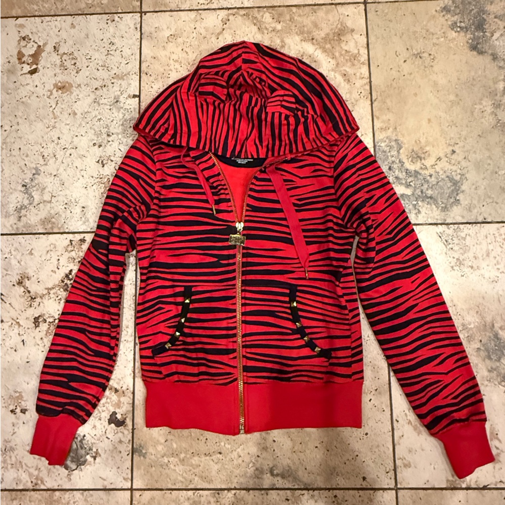 THE ABBEY DAWN EPIC RED STUDDED ZEBRA STEREO HOODIE. Rare. Iconic. Sz L. Emo - Picture 6 of 12